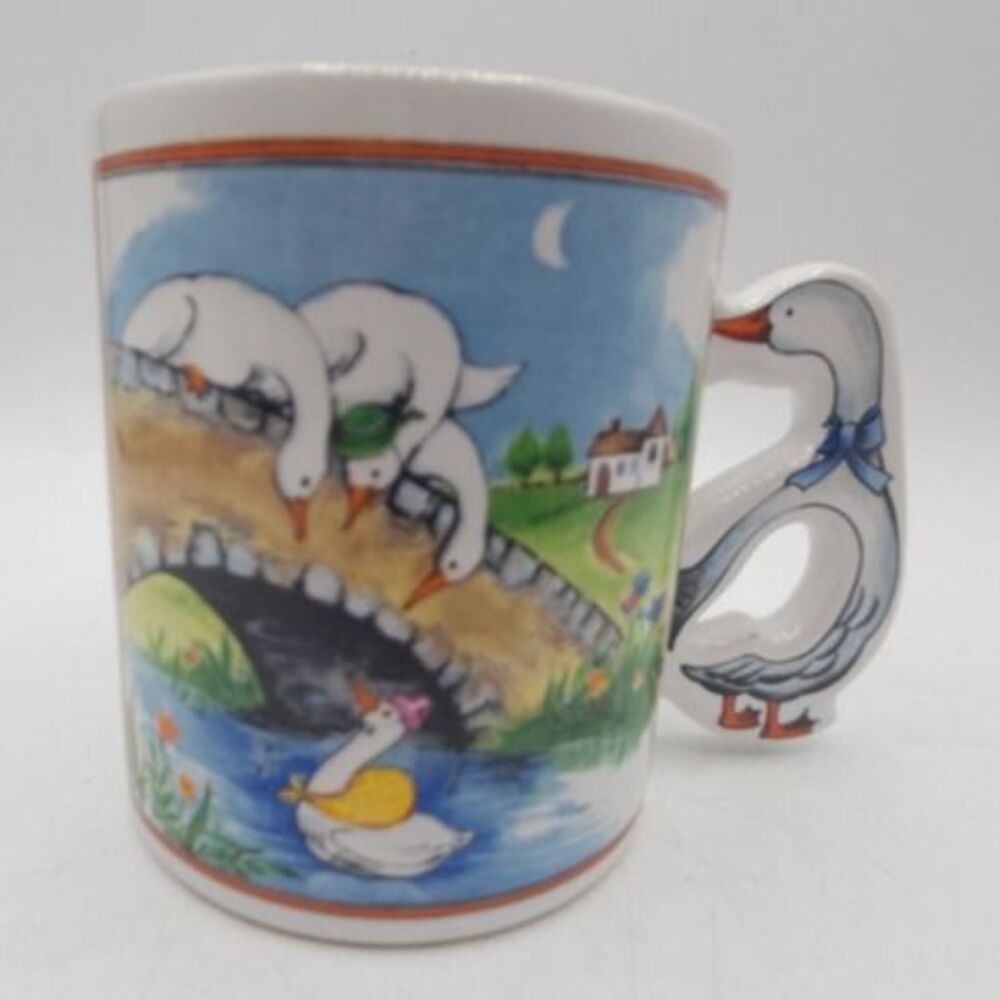 Vintage White Ceramic Mug with Goose Scene and Goose Handle